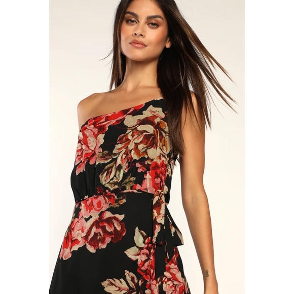 NWOT Lulus Divine Blooms Black Floral Print One-Shoulder Midi Wrap Dress Large - Picture 2 of 10